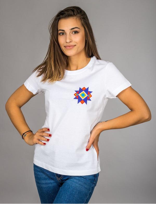 Women's white T-shirt with printed embroidery pattern "Little Sharene"