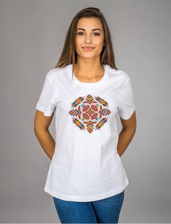 Women's white T-shirt with printed embroidery pattern "Ingle"