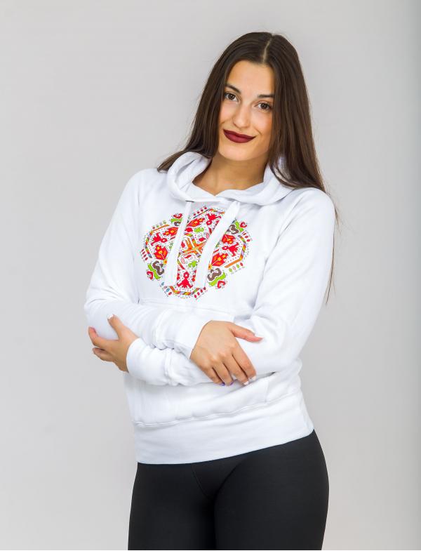 Women's White Hoodie with printed embroidery pattern "Love"